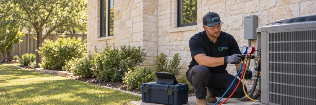 Technician checking gauges beside a residential outdoor HVAC unit, with a tablet on a tool case.
