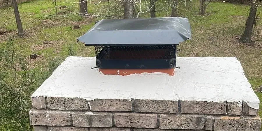 A chimney cap on a brick chimney