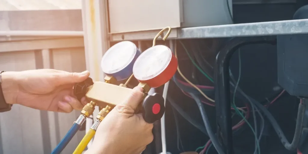 Checking gauges on an HVAC unit