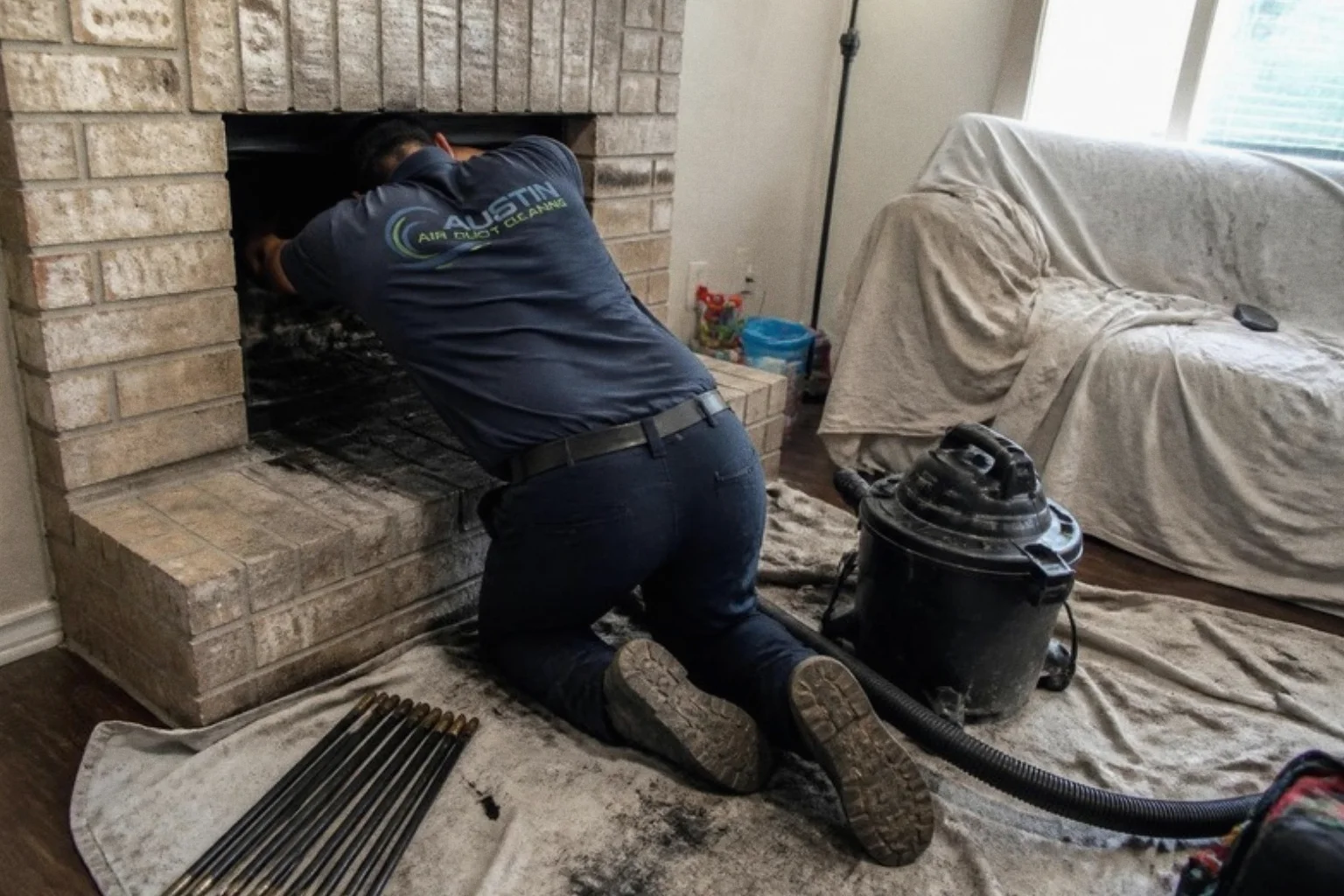 Austin Air Duct Cleaning technician sweeping a brick fireplace chimney
