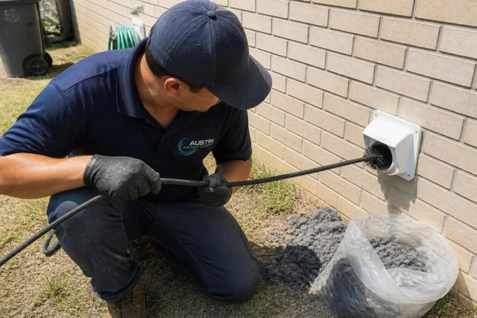 Austin Air Duct Cleaning technician cleaning an exterior dryer vent