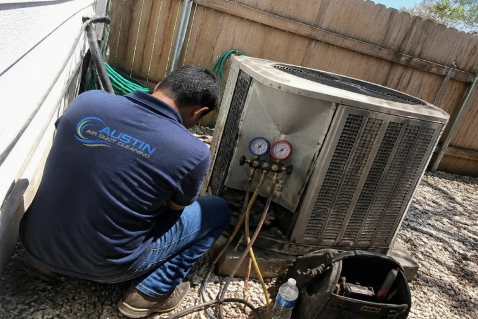 Austin Air Duct Cleaning technician checking an outdoor AC unit with gauges