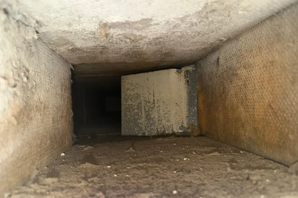 Debris inside a supply trunk – Post-Construction Air Duct Cleaning