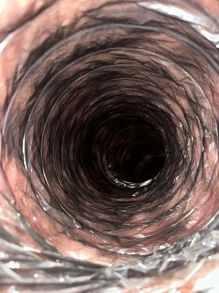 Dirty flex air duct run in a home before duct cleaning