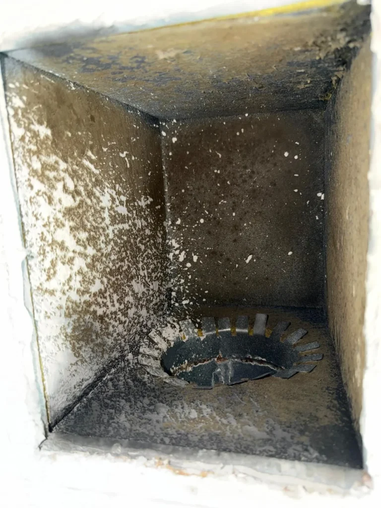 Dust and debris around a supply boot behind a removed register (Leander area)