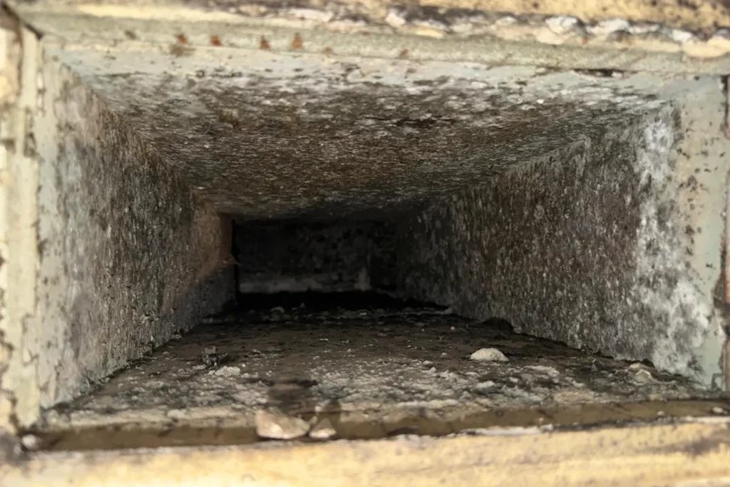 Dust and debris inside a rectangular supply duct before cleaning