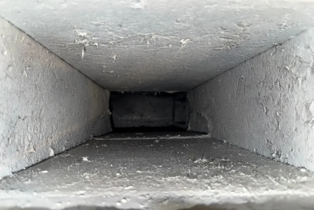 Inside a sheet-metal supply trunk during an air duct inspection