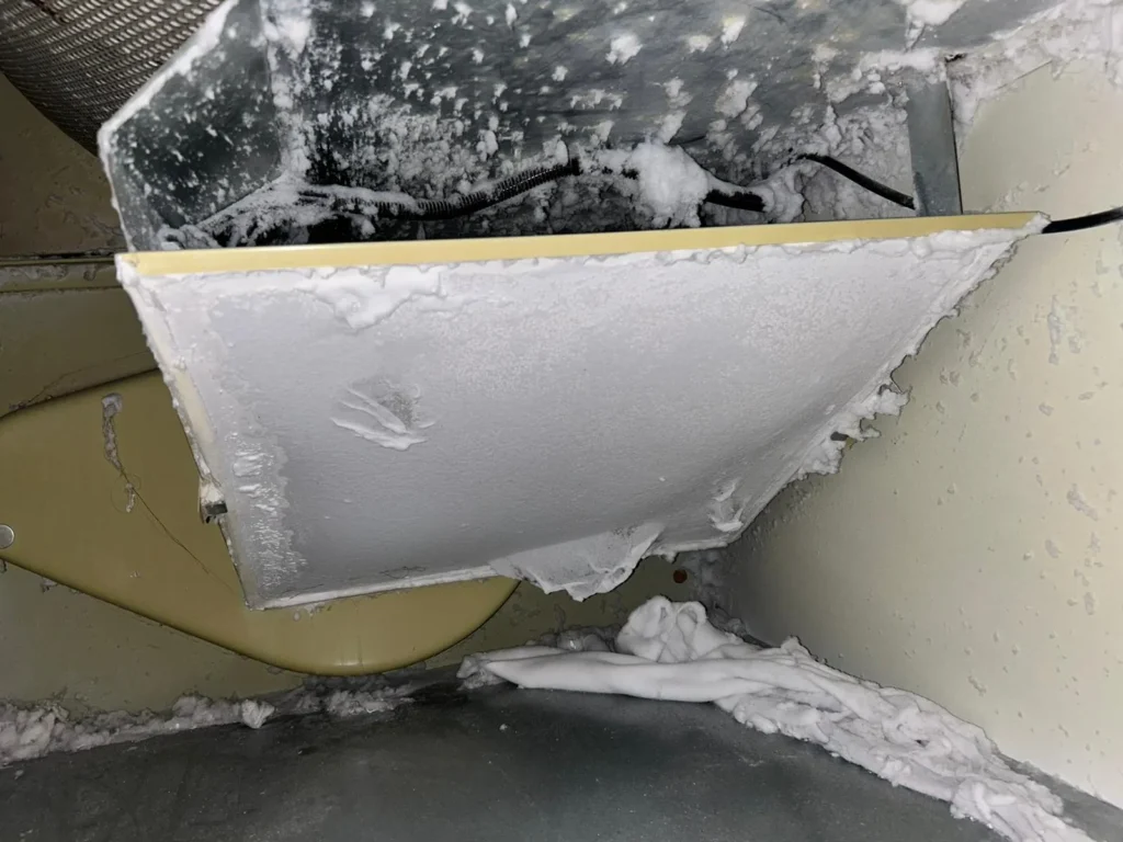 Lint built up along a commercial dryer exhaust panel