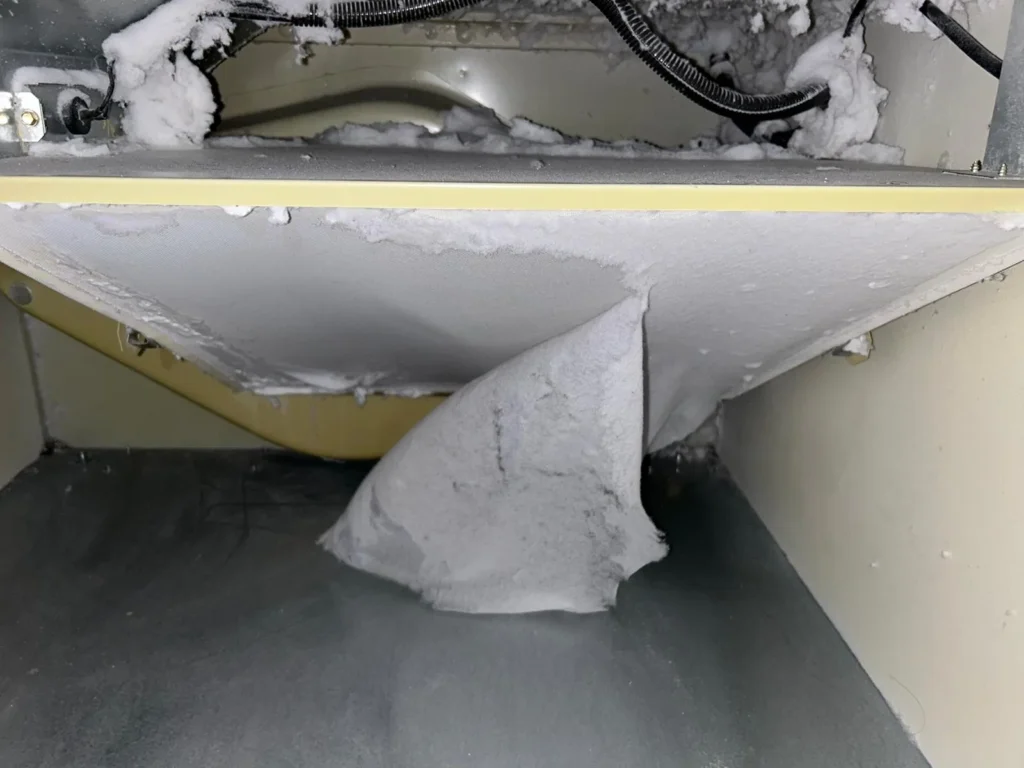 Lint hanging from the panels of a commercial dryer lint chamber