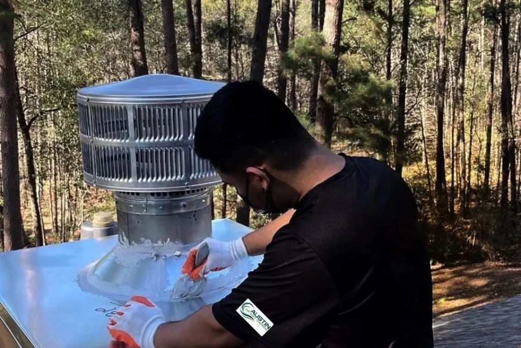 Technician working on top of a chimney